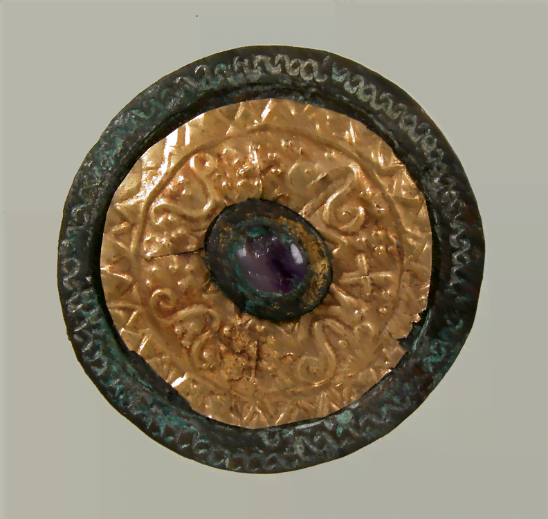 Amethyst, Copper, Gold and Silver Frankish Disk Brooch, 550-650 C.E.