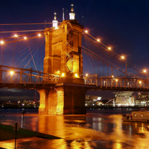 The Roebling Suspension Bridge Connecting Cincinnati, Ohio with Covington, Kentucky