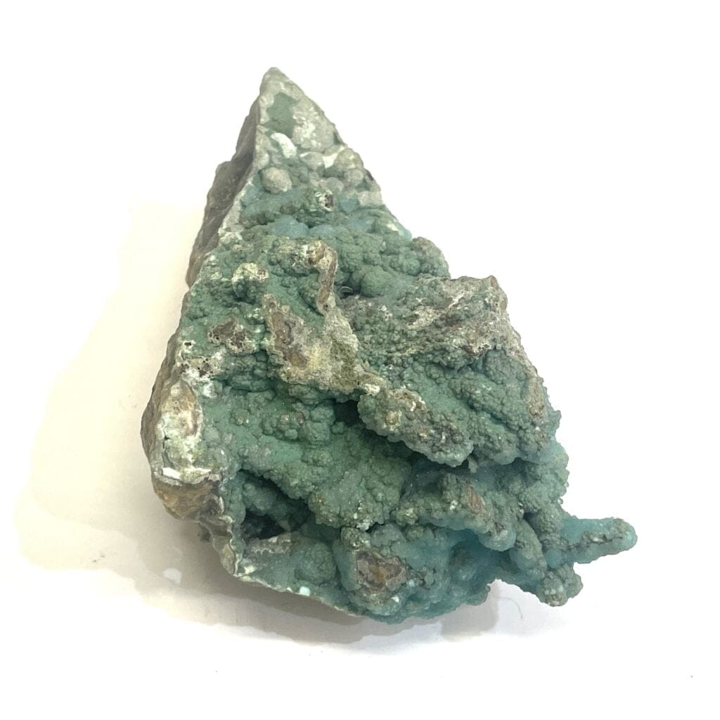 Green Smithsonite Pie Slice Shaped Specimen featuring a green, rough, bumpy surface with white and brown patches, displayed on a white background.