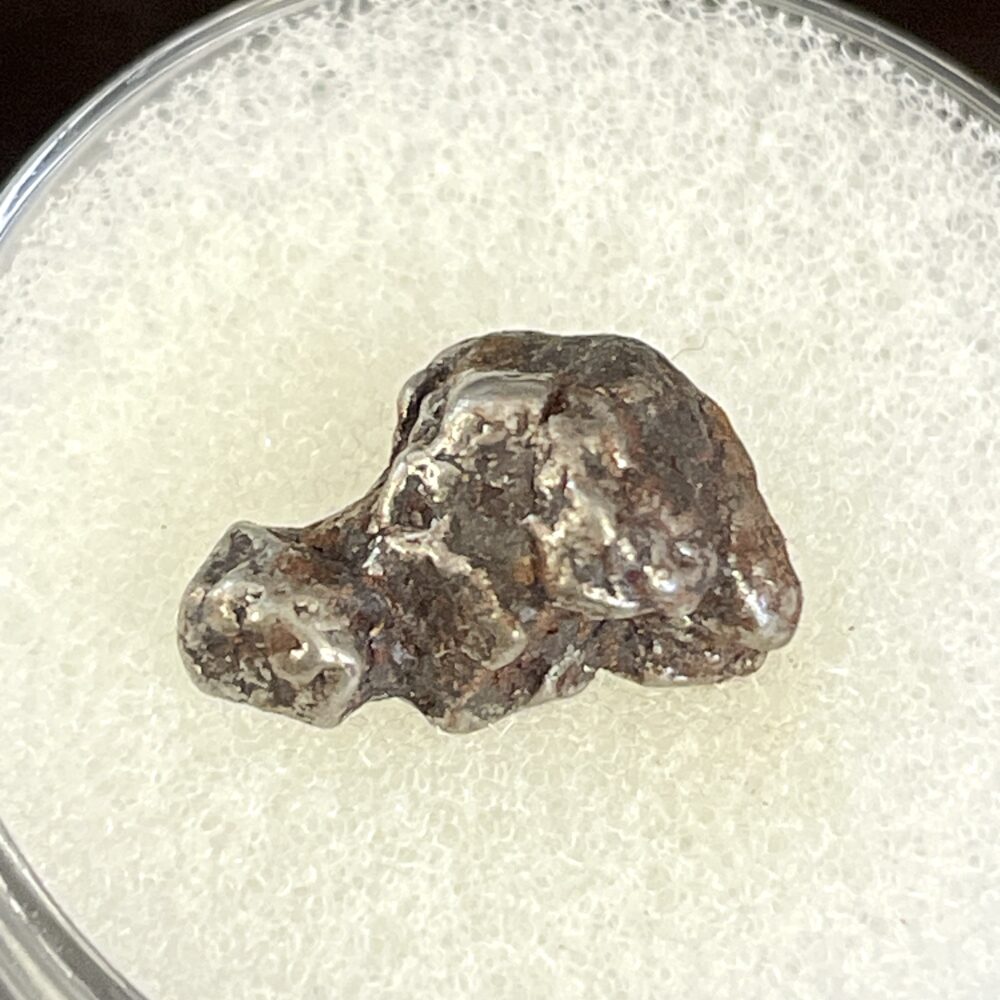 The Campo del Cielo Iron Meteorite Nice 1.55g Specimen is displayed on a white textured surface inside a clear container.