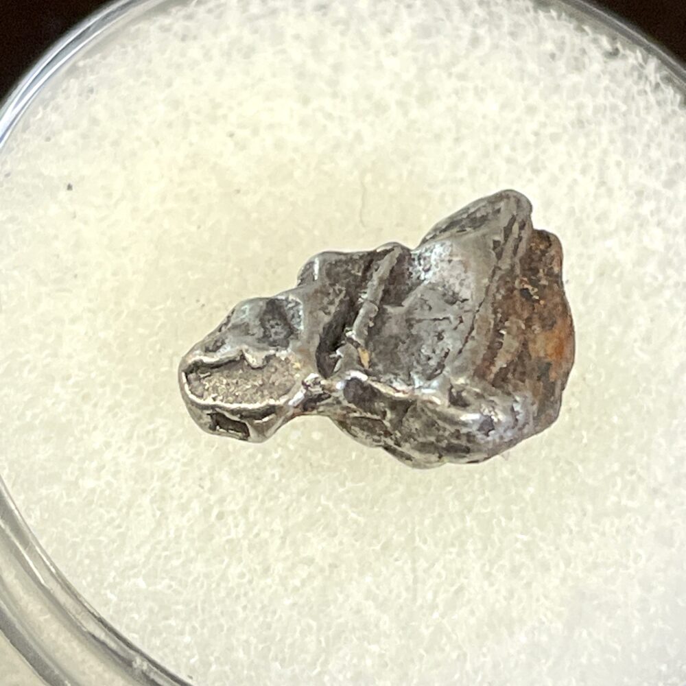 The IM26 Campo del Cielo Iron Meteorite Nice 1.55g Specimen, small and irregularly shaped, rests on a textured white surface inside a clear circular container.