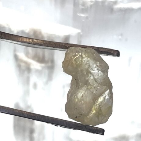 A 7.65 ct Phenakite (Phenacite) crystal from Brazil is held between two metal tweezers against a blurred light background.