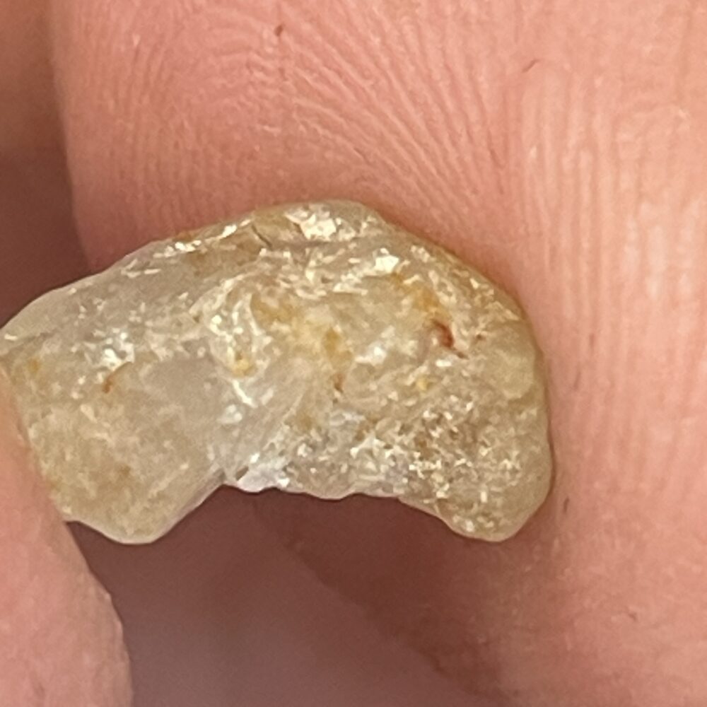 A close-up view of a rough, uncut diamond held between two fingers.
