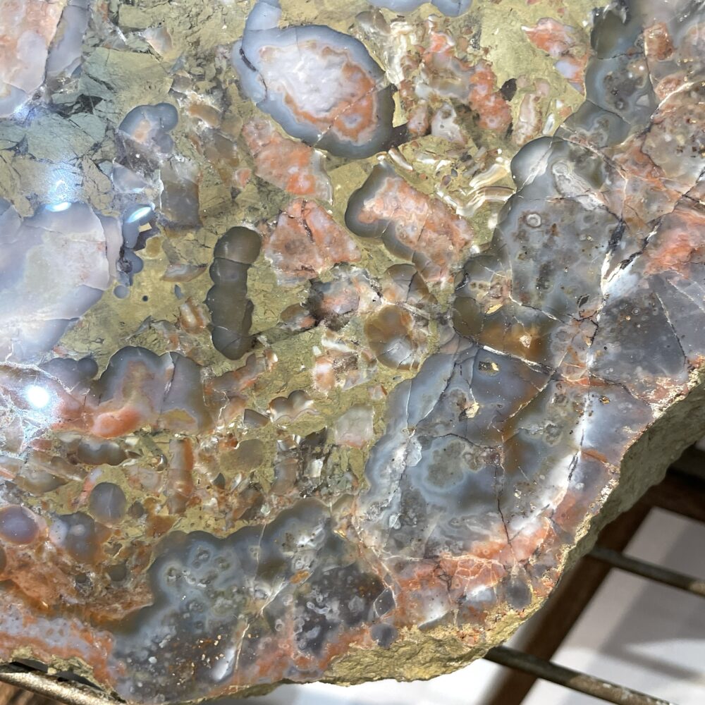 Close-up of the Huge Giant Kentucky Agate Geode Nodule Polished showing bands of orange, gray, and gold with irregular patterns and translucent areas.