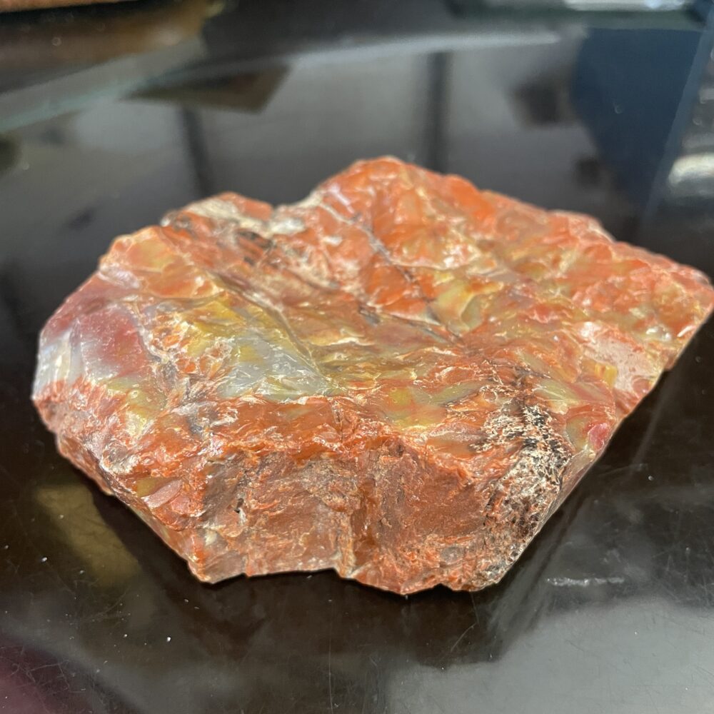 A beautiful, polished specimen of Arizona Rainbow Petrified Wood (331 g) with reddish-brown hues rests on a glossy black surface.
