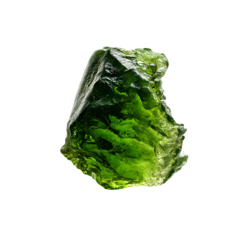 A beautiful, translucent, rough, green specimen of moldavite