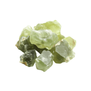 Rough prehnite crystals are heaped together on a white background