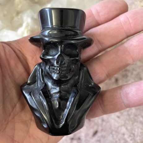 Skull in Top Hat carved from Black Obsidian! 3.25 x 2.5 x 1.5 inches 8.2 oz or 233 grams - SK1