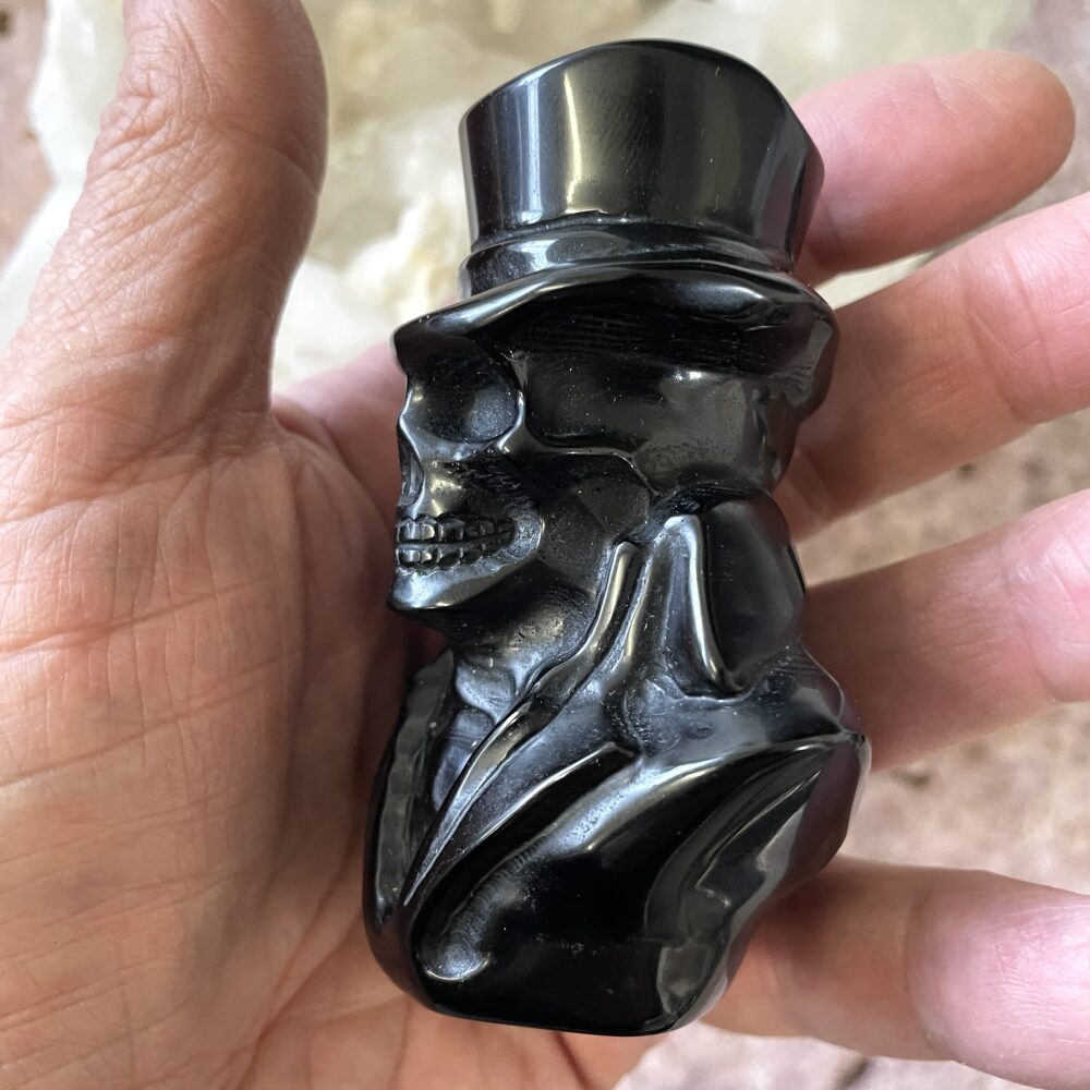 Skull in Top Hat carved from Black Obsidian! 3.25 x 2.5 x 1.5 inches 8.2 oz or 233 grams - SK1