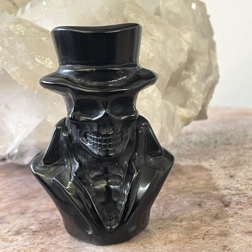 Skull in Top Hat carved from Black Obsidian! 3.25 x 2.5 x 1.5 inches 8.2 oz or 233 grams - SK1