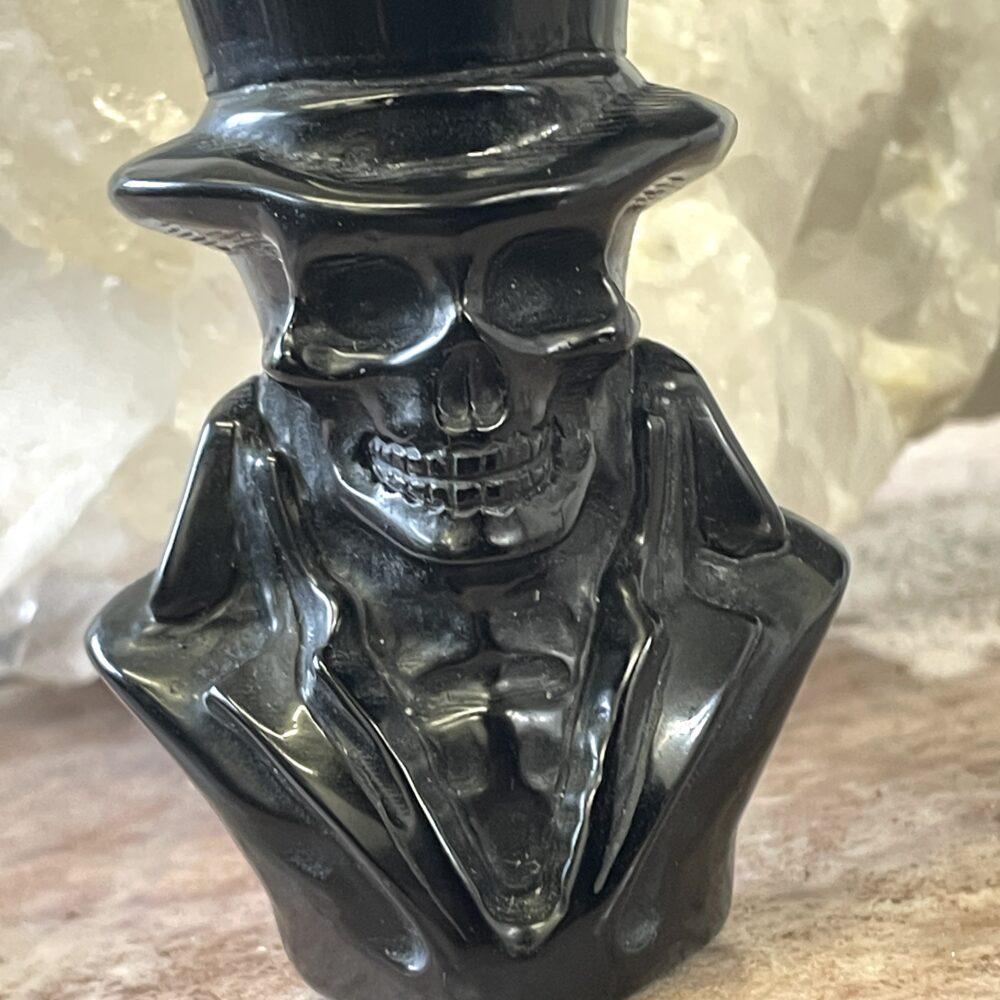 Skull in Top Hat carved from Black Obsidian! 3.25 x 2.5 x 1.5 inches 8.2 oz or 233 grams - SK1